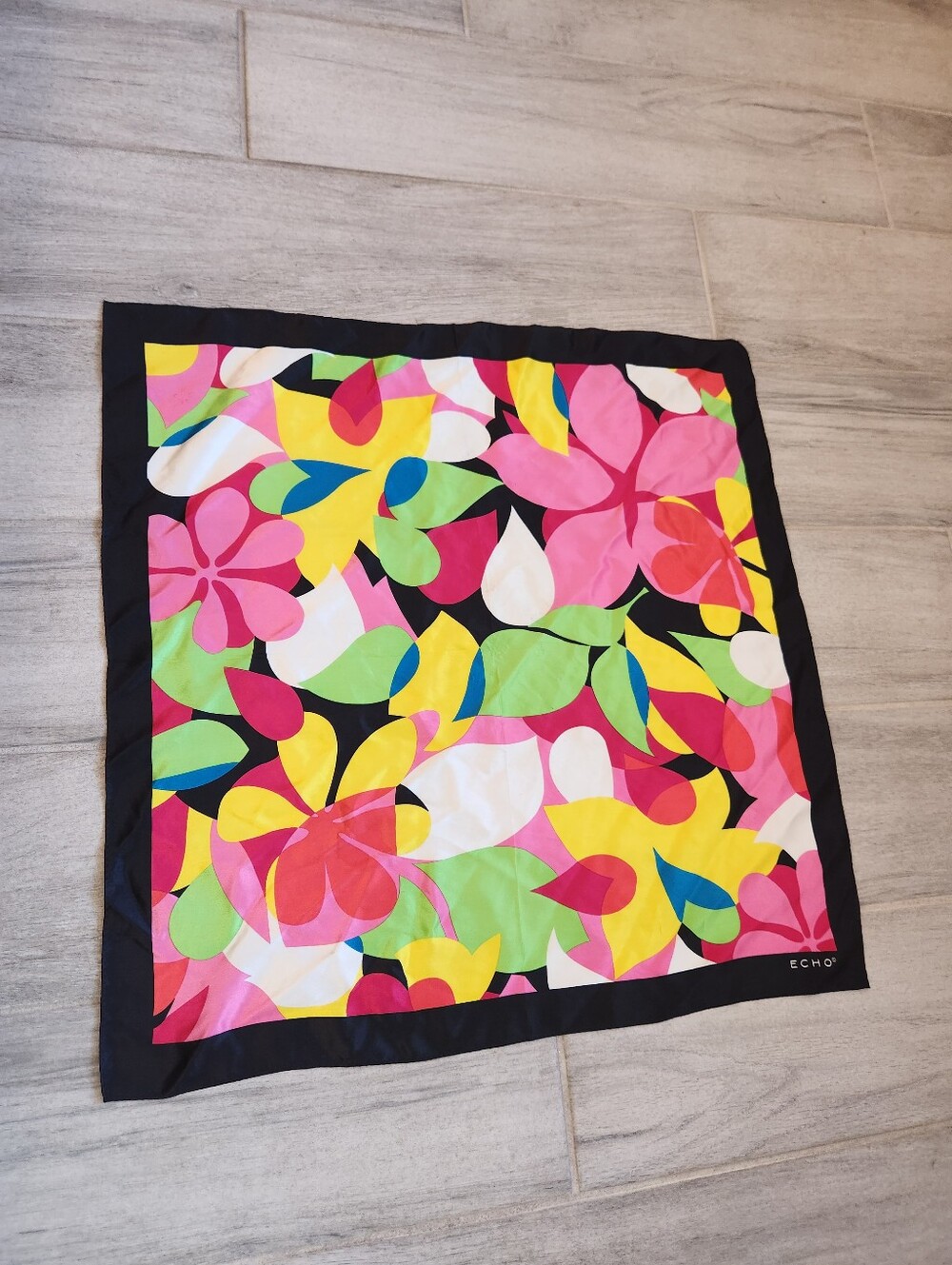 Echo Carre Scarf 100% Silk Black Pink Yellow Green Abstract Floral Square Artsy - Picture 6 of 9